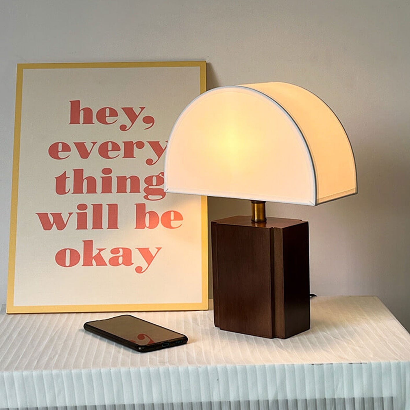 Vintage Semicircle Fabric Wooden Base Lamp