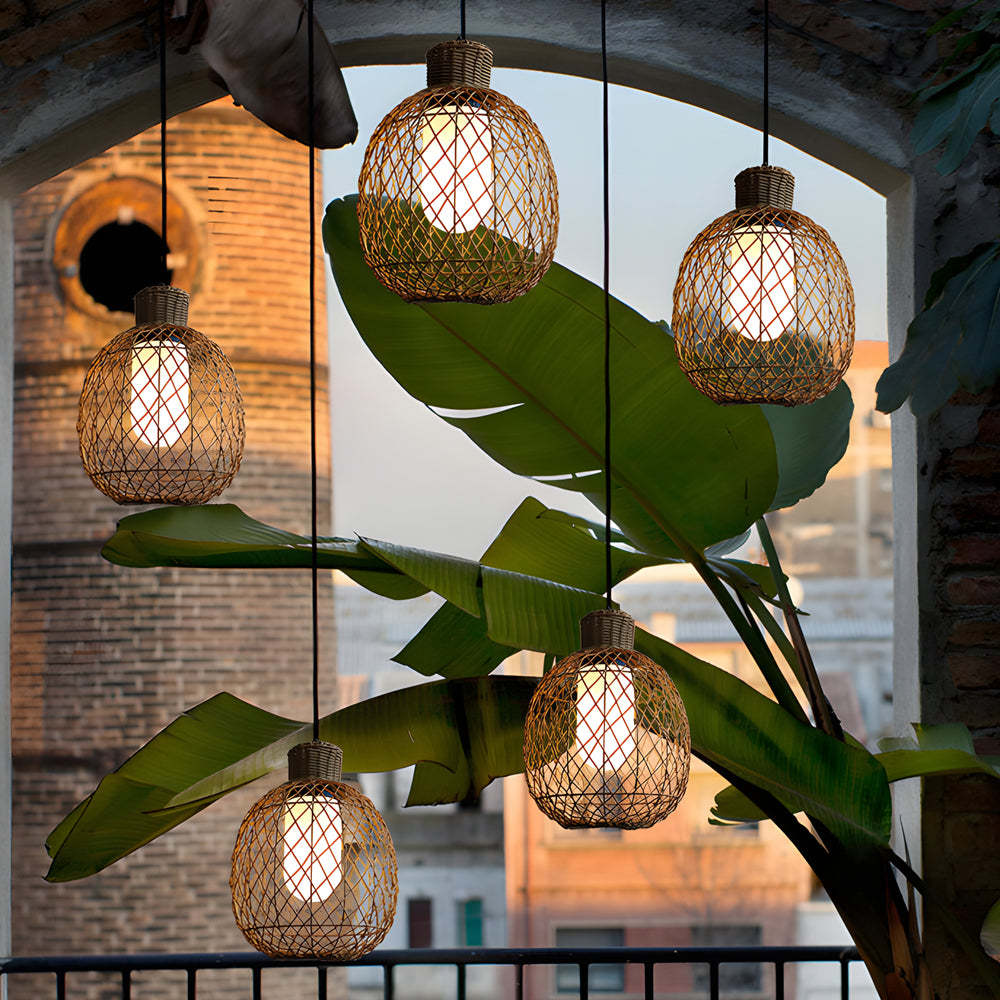 Outdoor Rattan Pendant Lights 10W Rustic Modern LED Ceiling Hanging Lantern Lights-Lighom