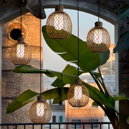 Outdoor Rattan Pendant Lights 10W Rustic Modern LED Ceiling Hanging Lantern Lights-Lighom