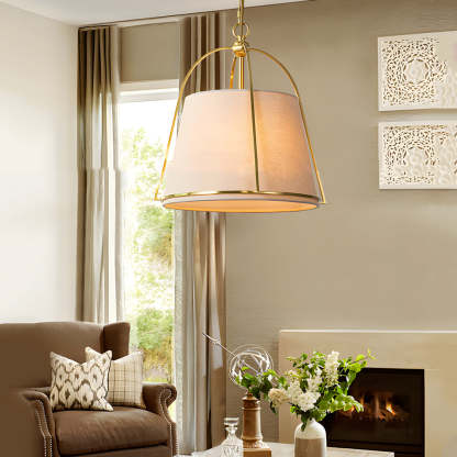 Trapezoid 13.8'' Wide Pendant Gold Fixture with White Fabric Shade