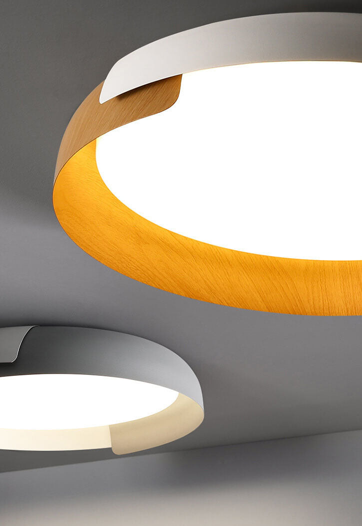 Minimalist Round Bowl Wood Grain LED Flush Mount Light