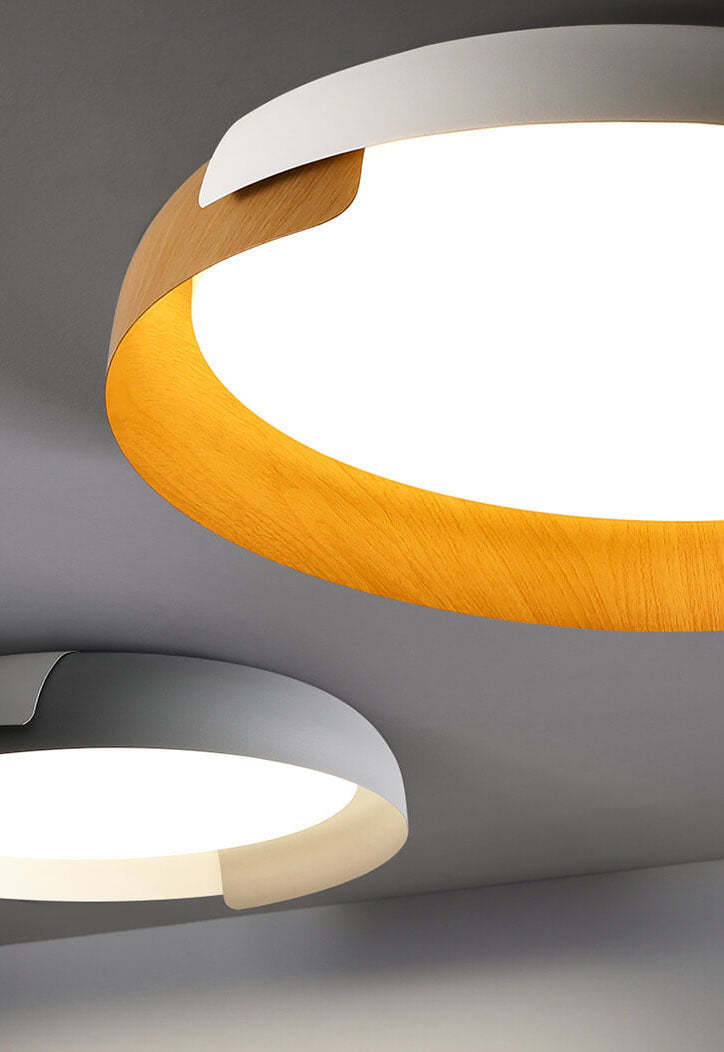 Minimalist Round Bowl Wood Grain LED Flush Mount Light