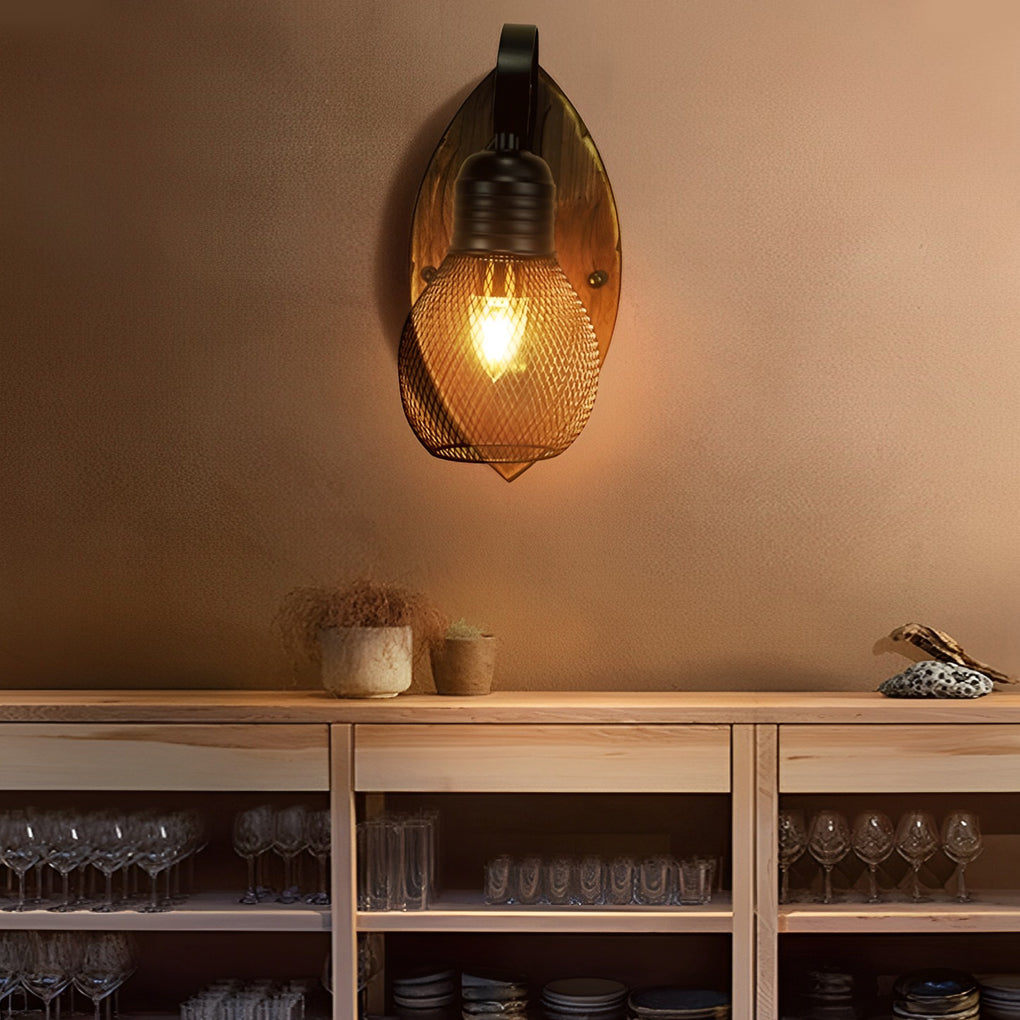 Rustic Antique Wood Iron Hollow Mesh Black E27 Industrial Style Wall Lamp-Lighom