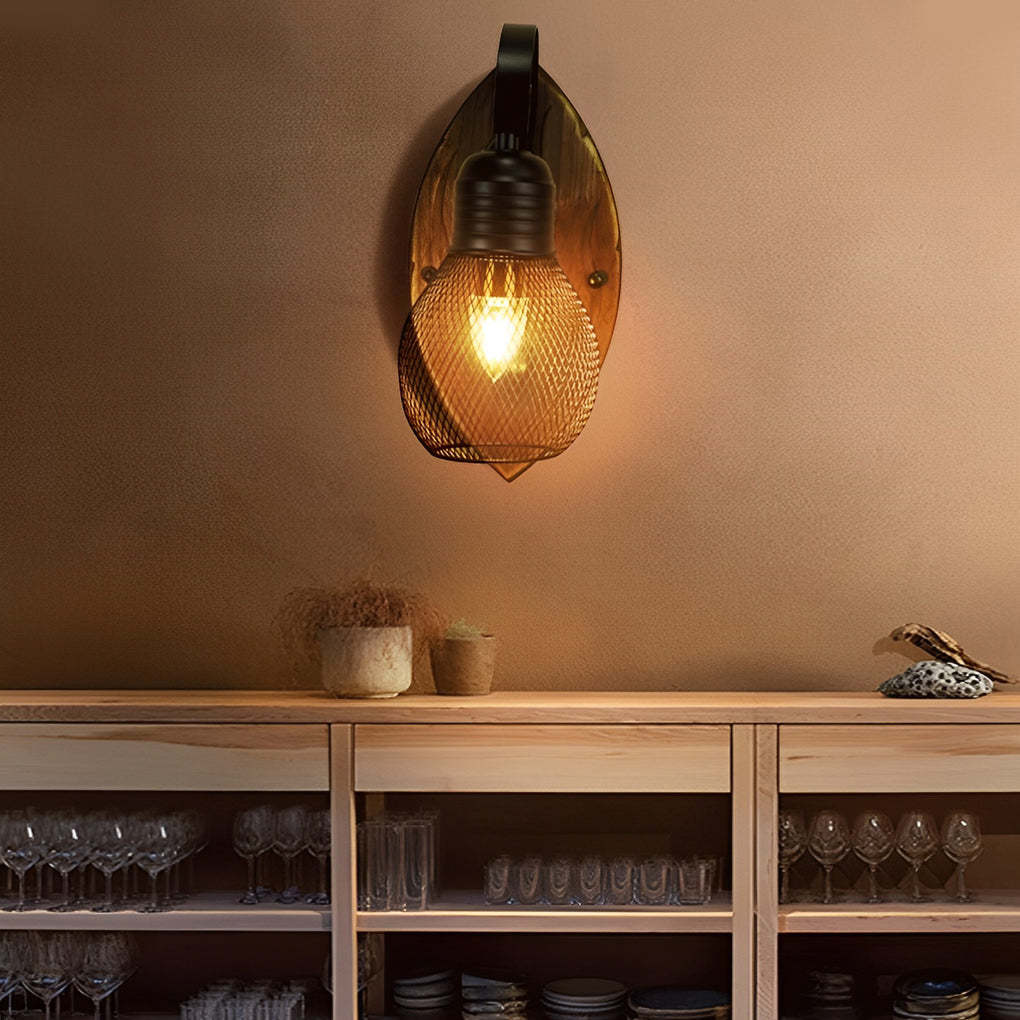 Rustic Antique Wood Iron Hollow Mesh Black E27 Industrial Style Wall Lamp-Lighom