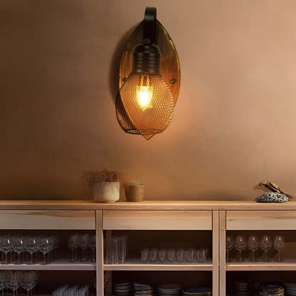 Rustic Antique Wood Iron Hollow Mesh Black E27 Industrial Style Wall Lamp-Lighom