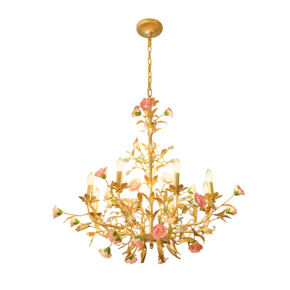 French Pink Rose Candlelight Pastoral Chandelier