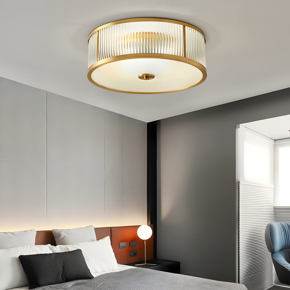 Drum Brass Clear Ribbed Glass Flush Mount Light