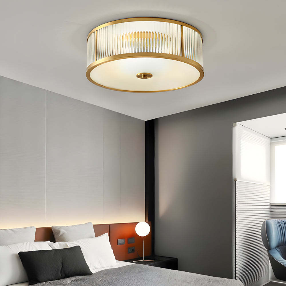Drum Brass Clear Ribbed Glass Flush Mount Light