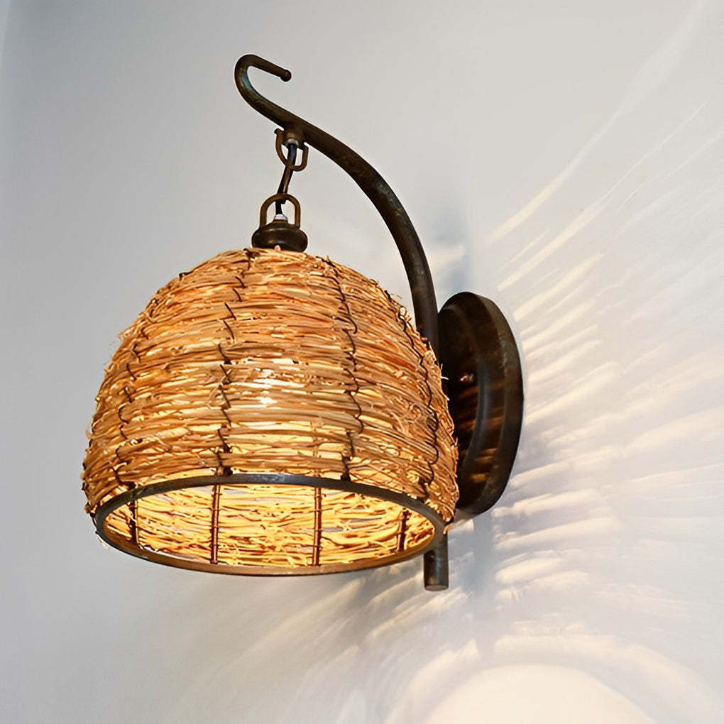 Hand Weaving Rattan Grass Iron Retro Rustic Wall Lamp Wall Light Fixture-Lighom