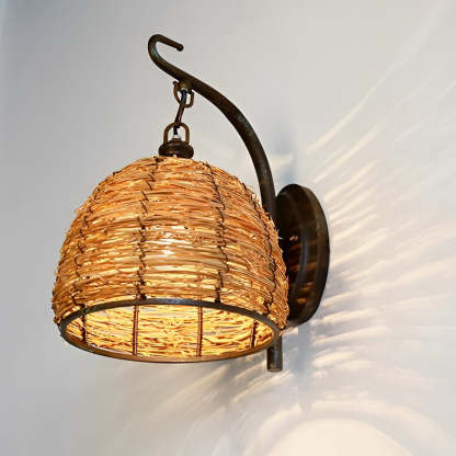 Hand Weaving Rattan Grass Iron Retro Rustic Wall Lamp Wall Light Fixture-Lighom