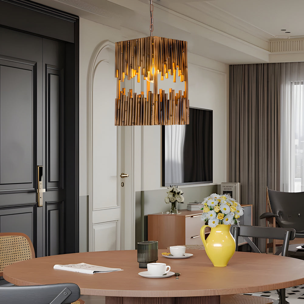 Retro Wood Bamboo Tube Cuboid Pendant Light