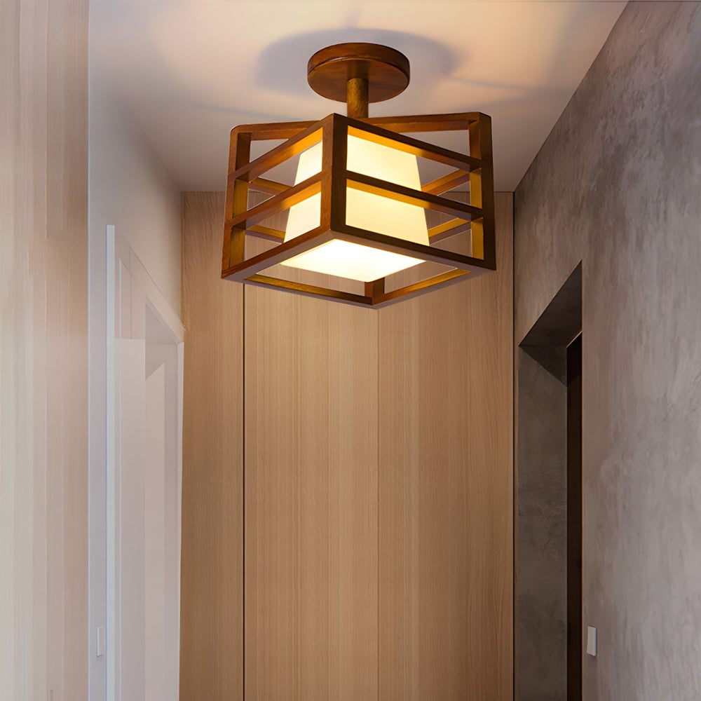 Square Walnut Wood Frame Semi-Flush Ceiling Light