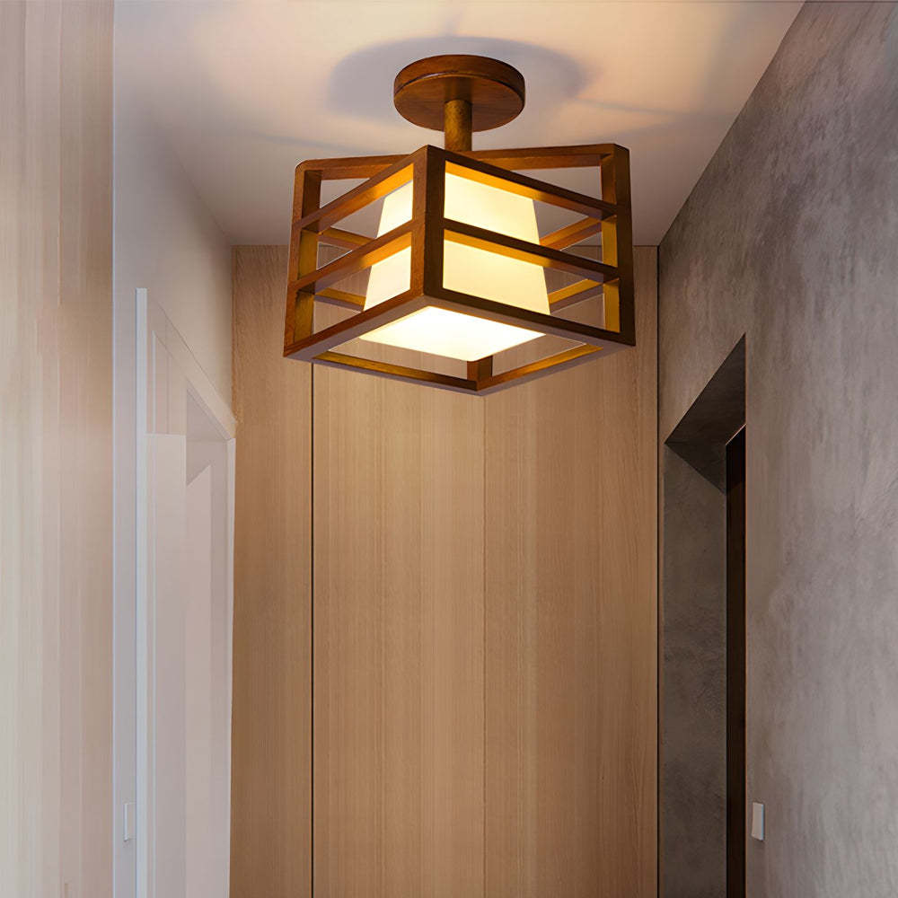 Square Walnut Wood Frame Semi-Flush Ceiling Light