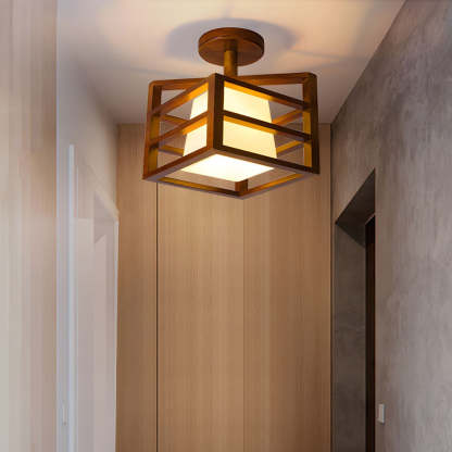 Square Walnut Wood Frame Semi-Flush Ceiling Light