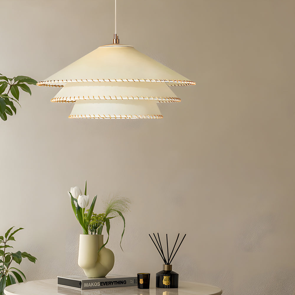 Rustic 3-Tier Parchment 1-Light Fabric Shade Pendant Light