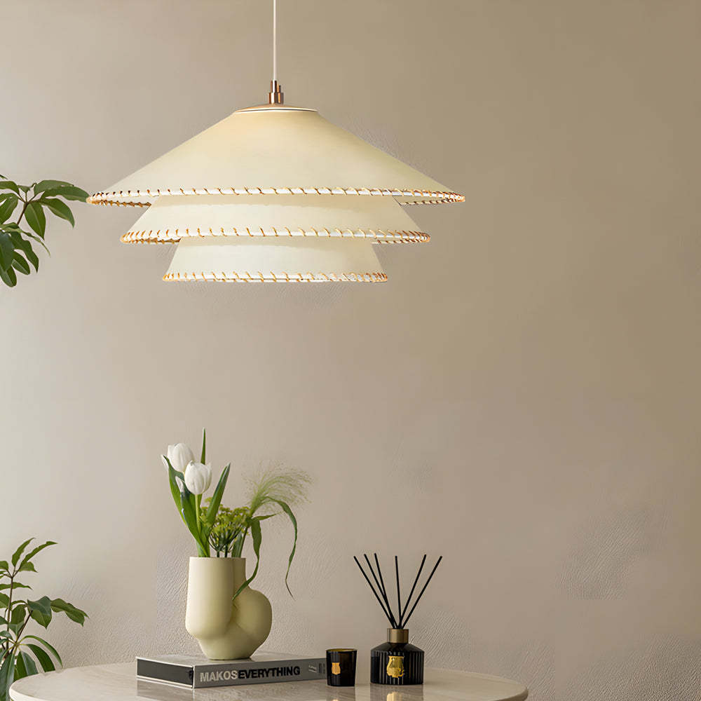 Rustic 3-Tier Parchment 1-Light Fabric Shade Pendant Light