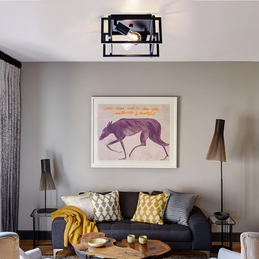Square Iron Lantern Industrial Flush Mount Light