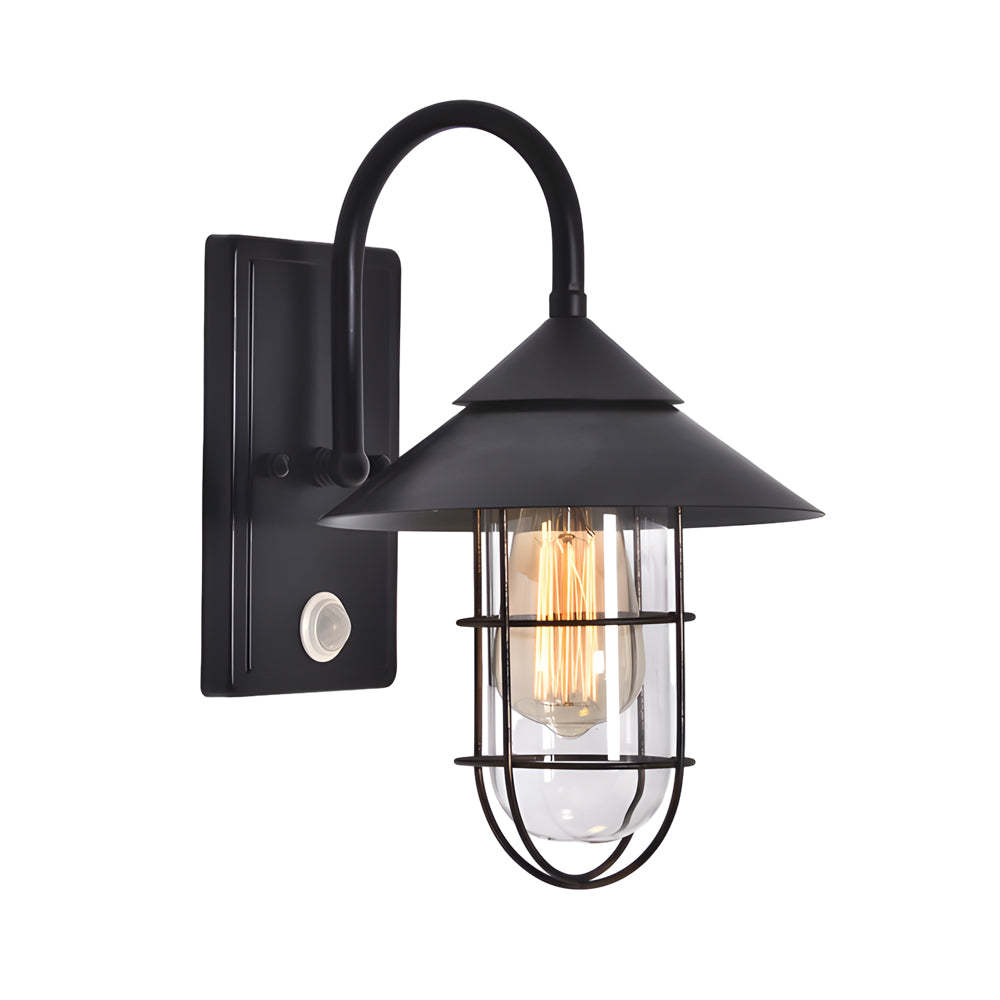 Retro Round Iron Glass Waterproof Motion Sensor Black Outdoor Wall Lights-Lighom