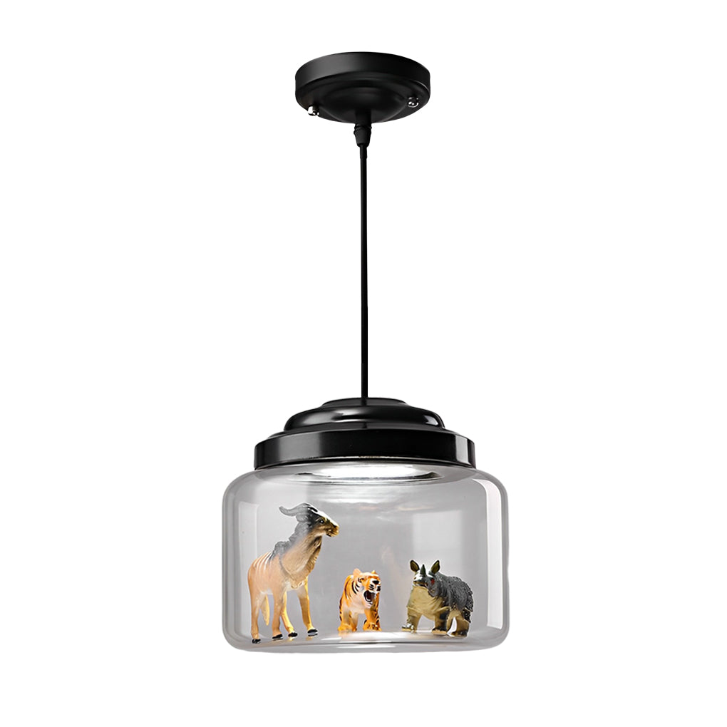 Animal Decor Glass Jar LED Black Modern Pendant Light — Elephant+Bear+Zebra / White
