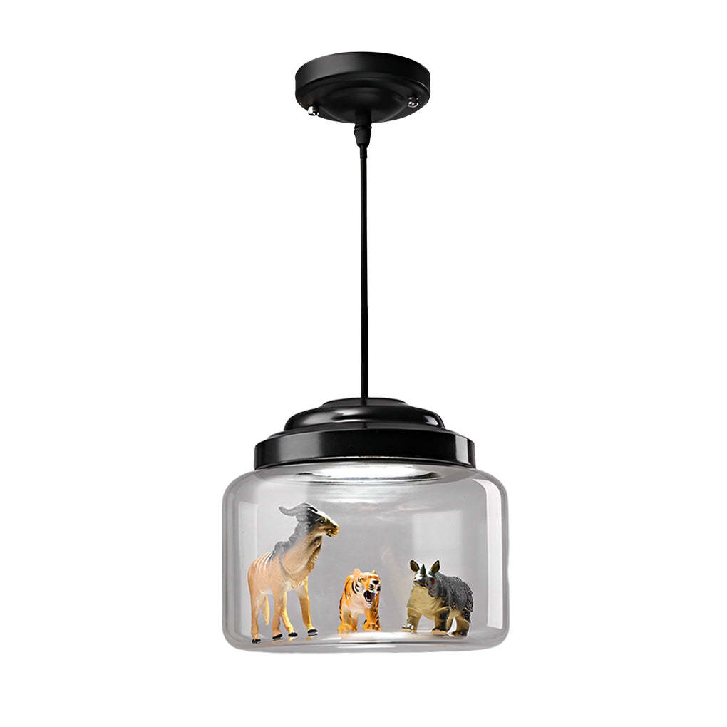 Animal Decor Glass Jar LED Black Modern Pendant Light — Elephant+Bear+Zebra / White