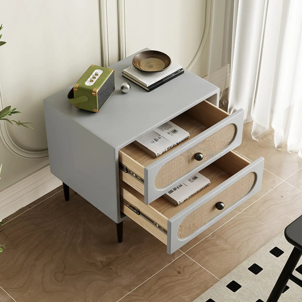 Off-White 2-Drawer Leatherette Nightstand — Light Gray