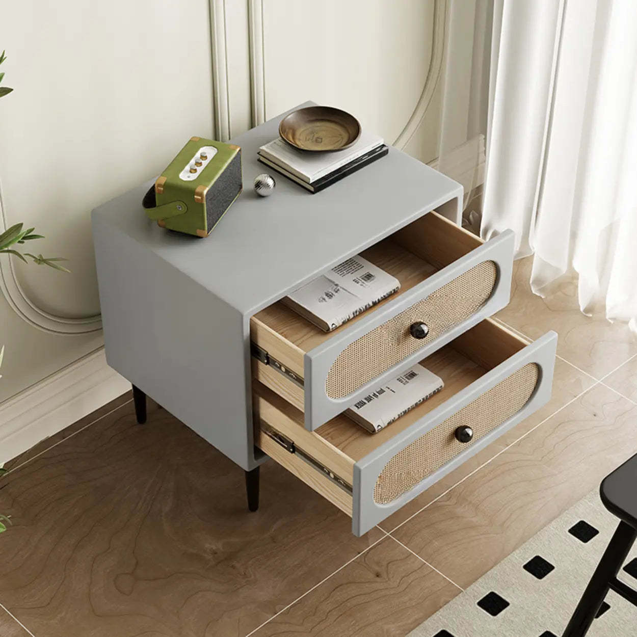 Off-White 2-Drawer Leatherette Nightstand — Light Gray