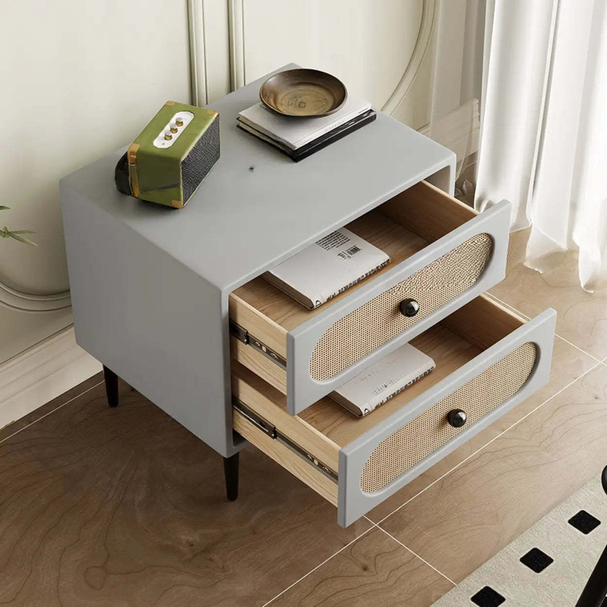 Off-White 2-Drawer Leatherette Nightstand — Black