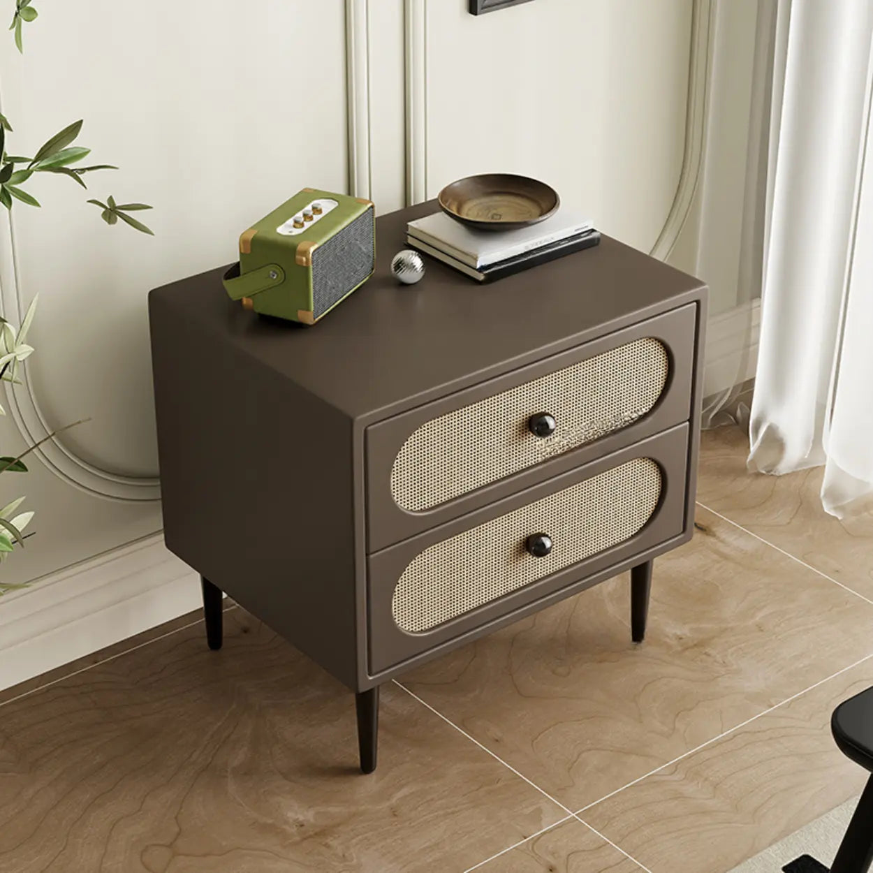 Off-White 2-Drawer Leatherette Nightstand — Dark Gray