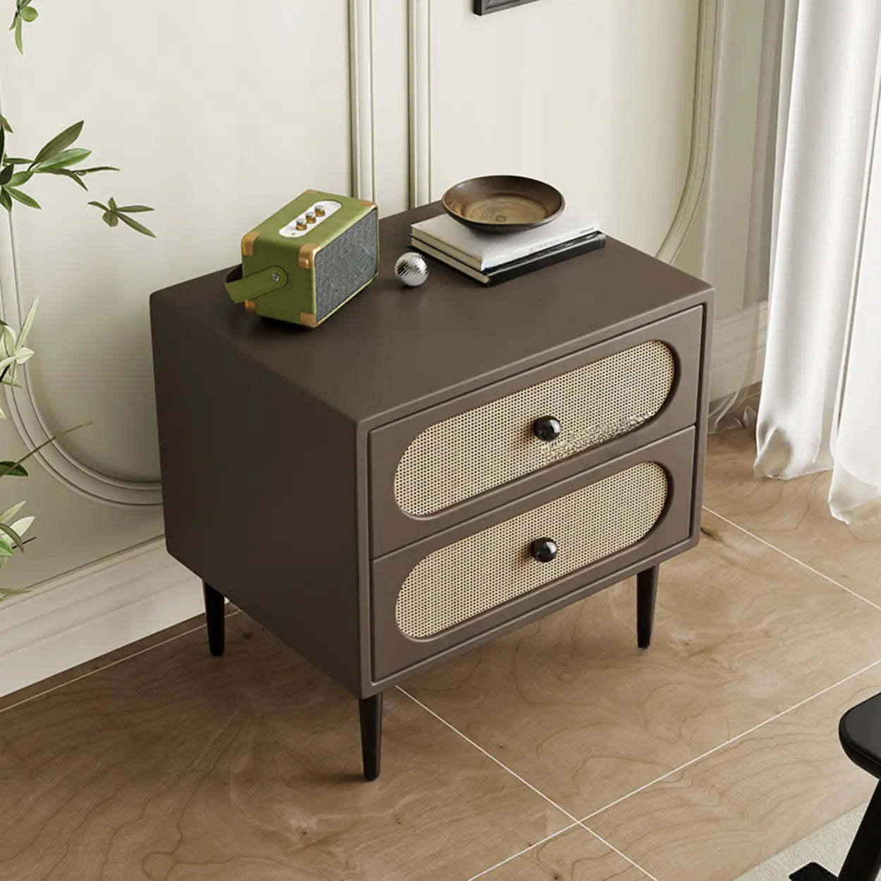 Off-White 2-Drawer Leatherette Nightstand — Dark Gray