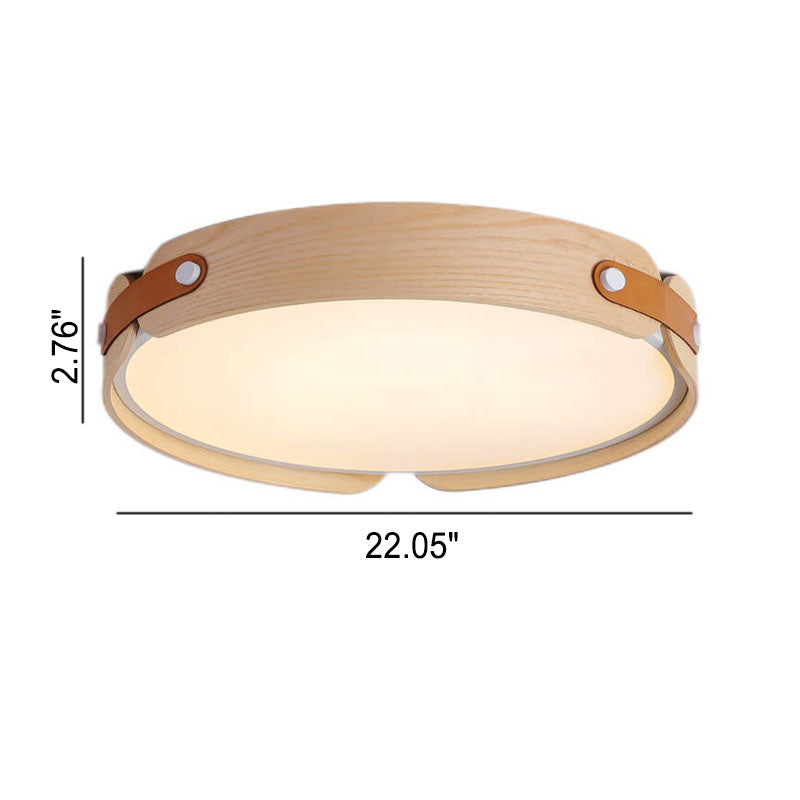 Minimalist Solid Wood Round Leather LED Flush Light