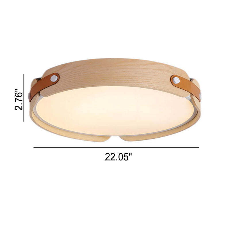 Minimalist Solid Wood Round Leather LED Flush Light