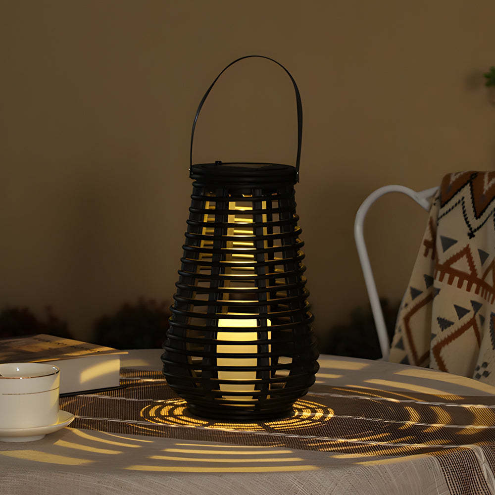 PVC Woven Rattan Black Modern Portable Solar Lantern