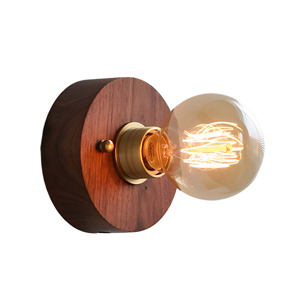 Round/Square Vintage Walnut Wood Wall Lamp 1-light with Pull Chain Switch-Lighom