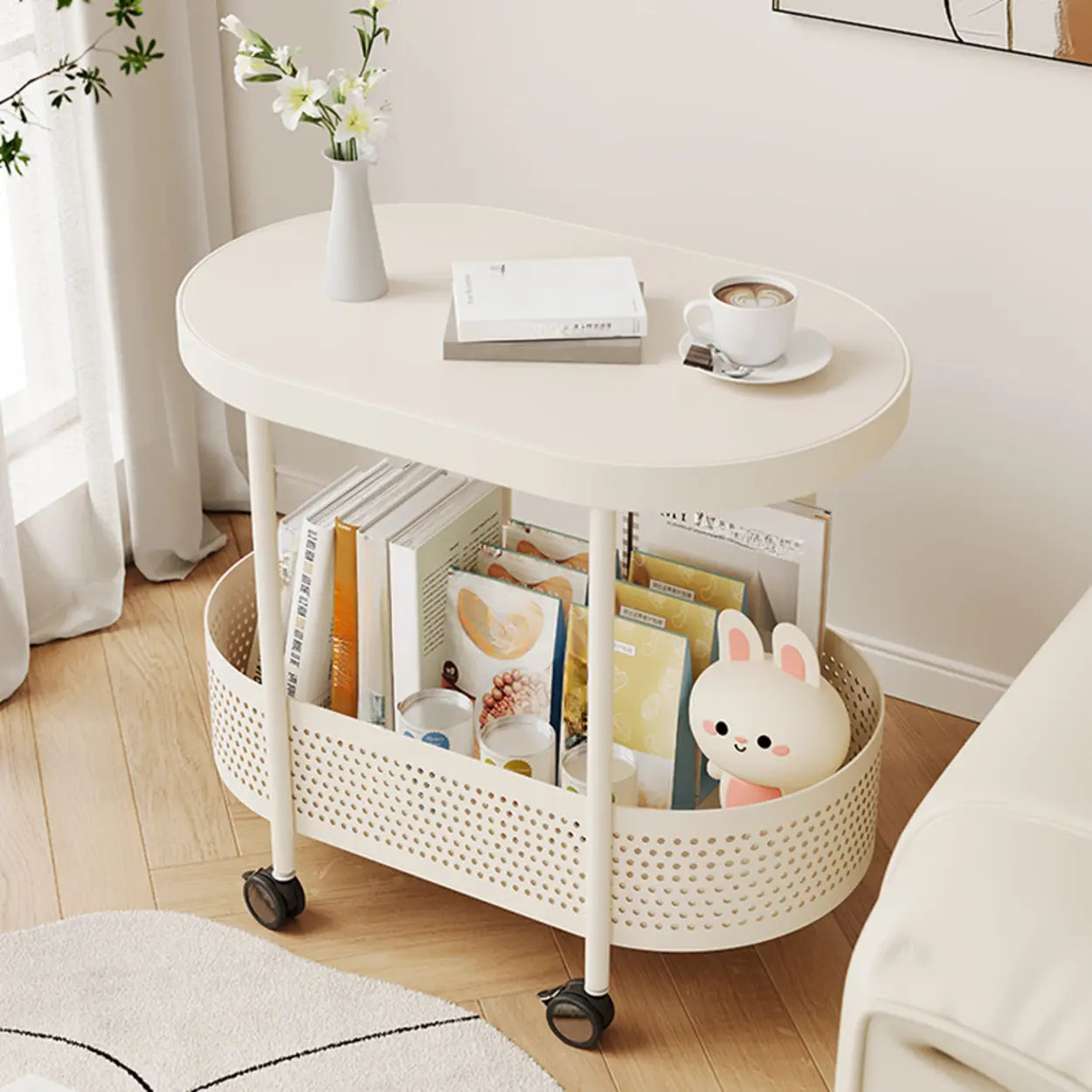 Off-White Acrylic 2-Tier Oval Rolling Chairside Table