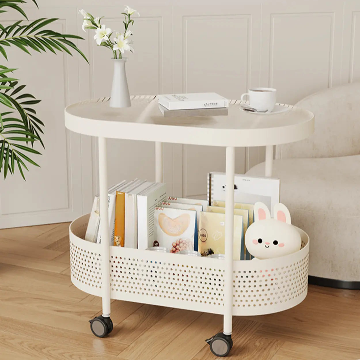 Off-White Acrylic 2-Tier Oval Rolling Chairside Table — Water Ripple Glass