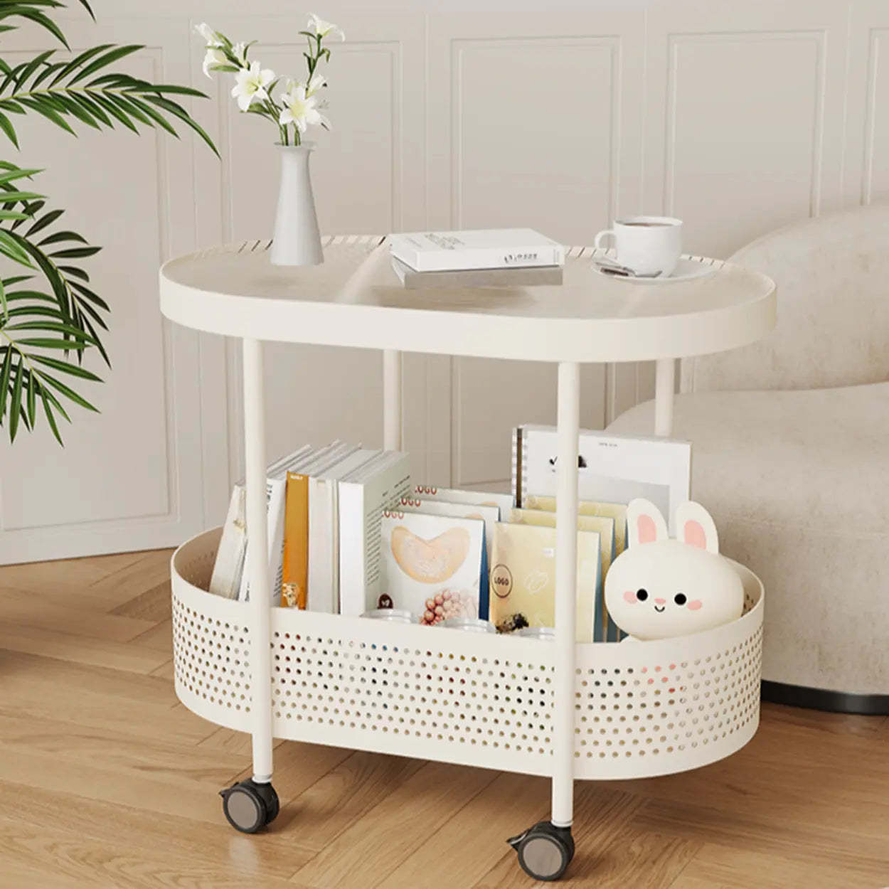 Off-White Acrylic 2-Tier Oval Rolling Chairside Table — Water Ripple Glass