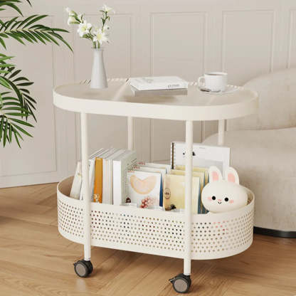 Off-White Acrylic 2-Tier Oval Rolling Chairside Table — Water Ripple Glass