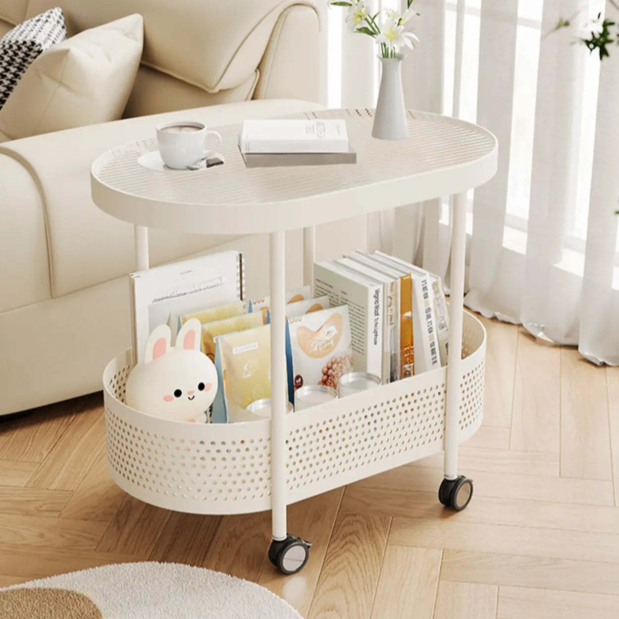 Off-White Acrylic 2-Tier Oval Rolling Chairside Table — Wood White Sintered Stone