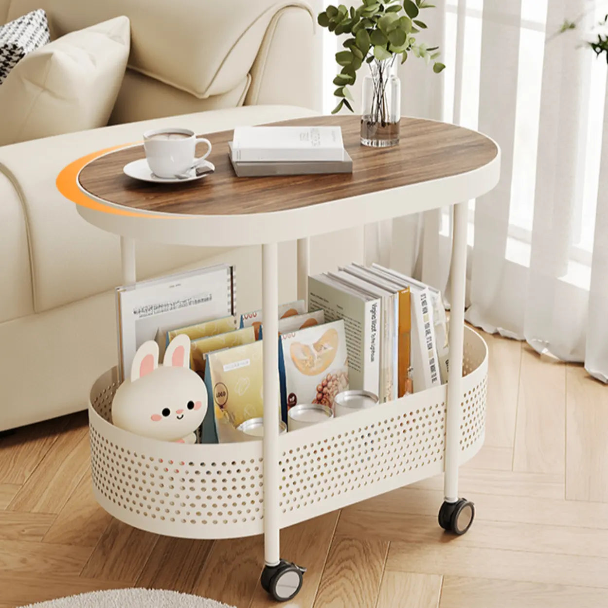 Off-White Acrylic 2-Tier Oval Rolling Chairside Table