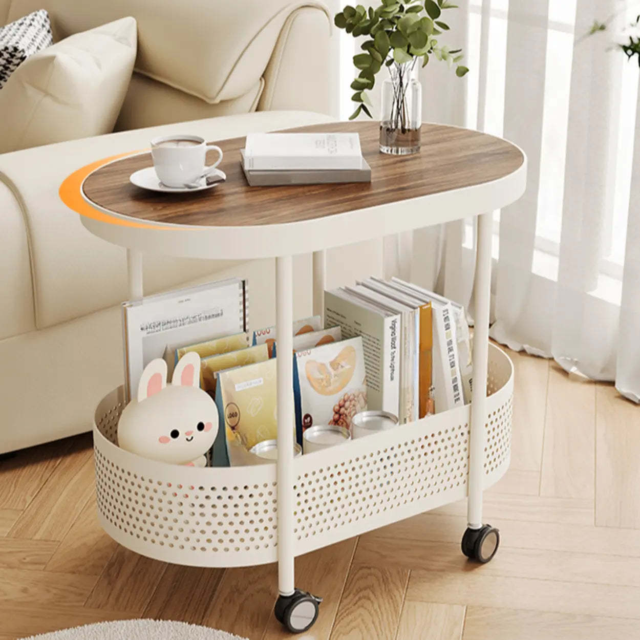 Off-White Acrylic 2-Tier Oval Rolling Chairside Table