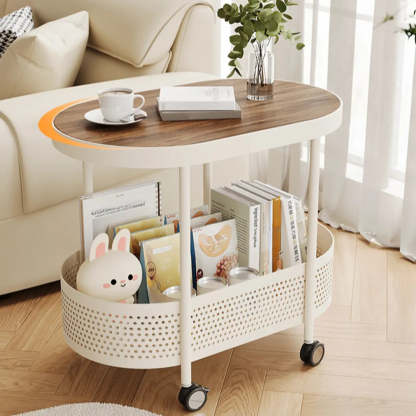 Off-White Acrylic 2-Tier Oval Rolling Chairside Table