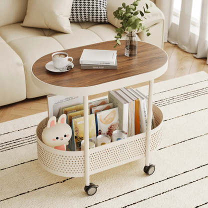 Off-White Acrylic 2-Tier Oval Rolling Chairside Table
