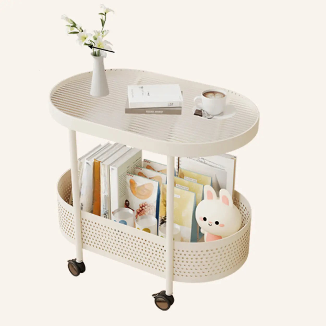 Off-White Acrylic 2-Tier Oval Rolling Chairside Table — Water Ripple Glass