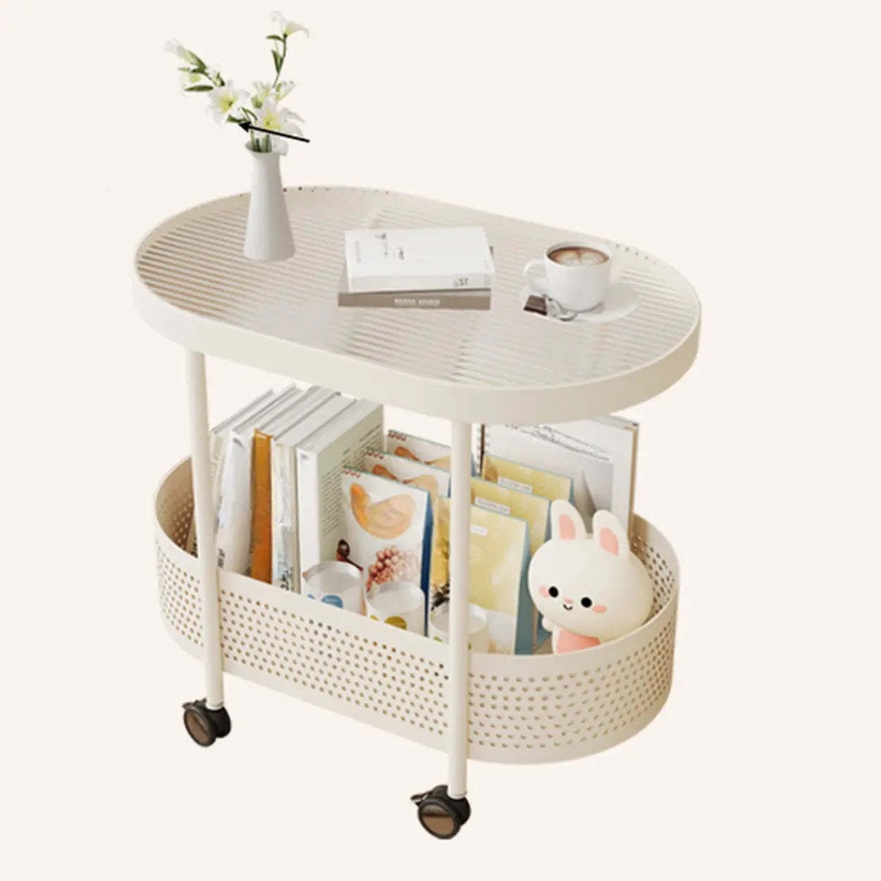 Lighom modern rolling 2-tier acrylic coffee tables — 24" L x 16" W x 20.5" H / Reeded Glass