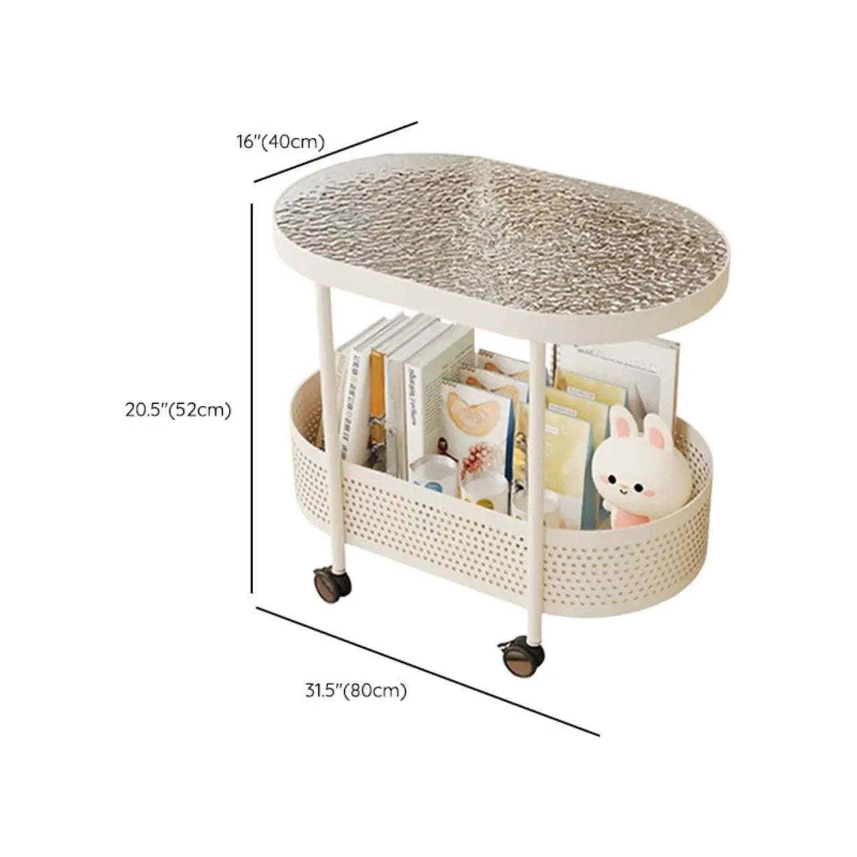 Off-White Acrylic 2-Tier Oval Rolling Chairside Table