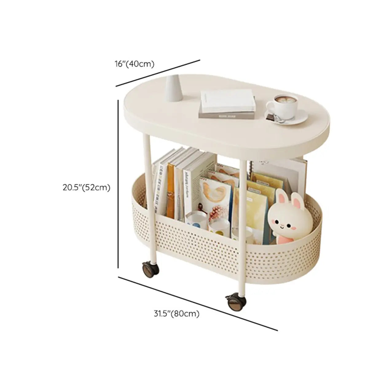 Off-White Acrylic 2-Tier Oval Rolling Chairside Table