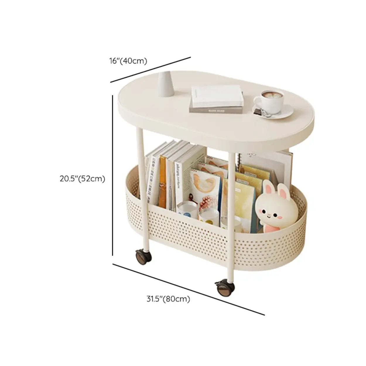 Off-White Acrylic 2-Tier Oval Rolling Chairside Table