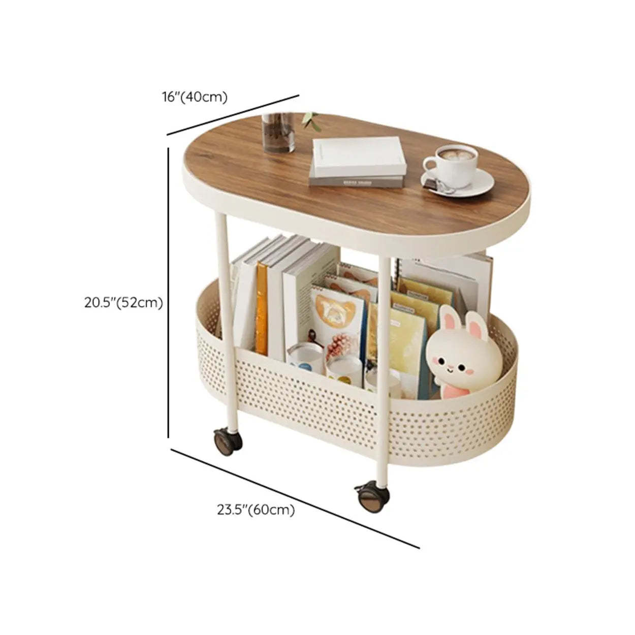 Off-White Acrylic 2-Tier Oval Rolling Chairside Table