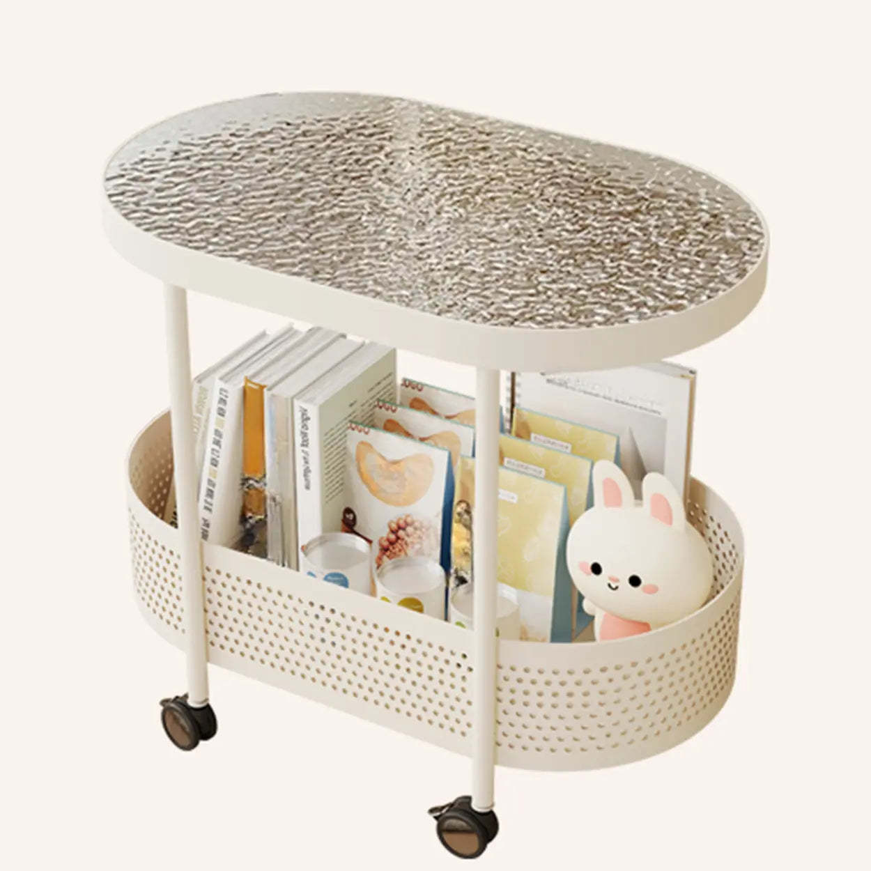 Off-White Acrylic 2-Tier Oval Rolling Chairside Table — White Sintered Stone