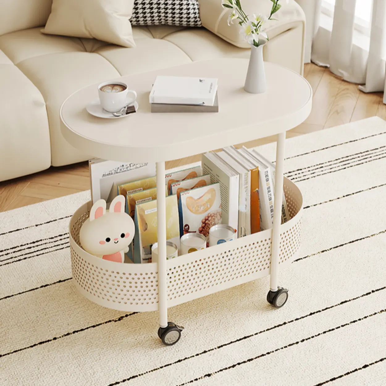 Off-White Acrylic 2-Tier Oval Rolling Chairside Table — Wood White Sintered Stone
